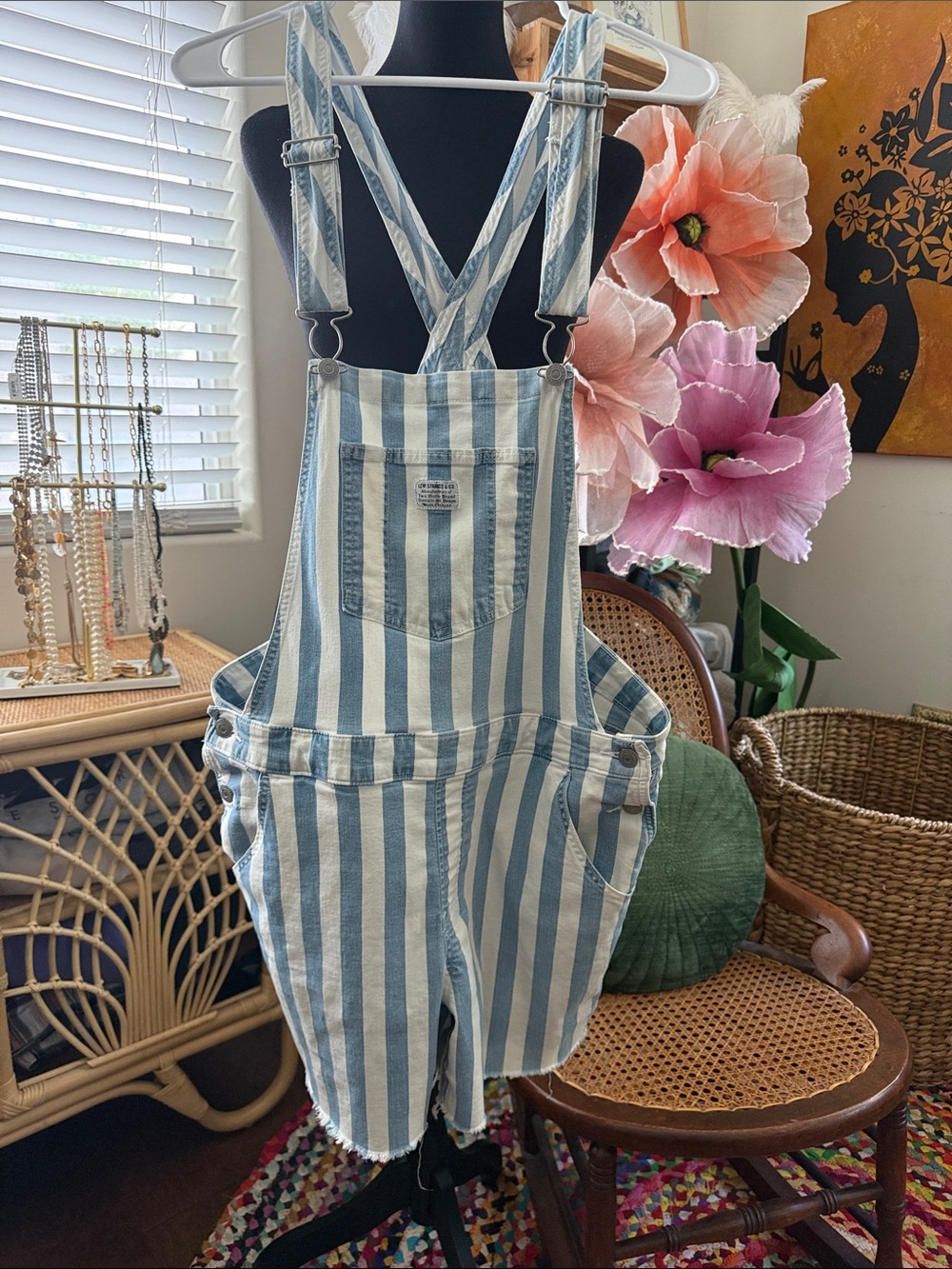 Levi’s Rare One Of A Kind Blue & White Stripe Out Denim Jean Shorts Overalls
